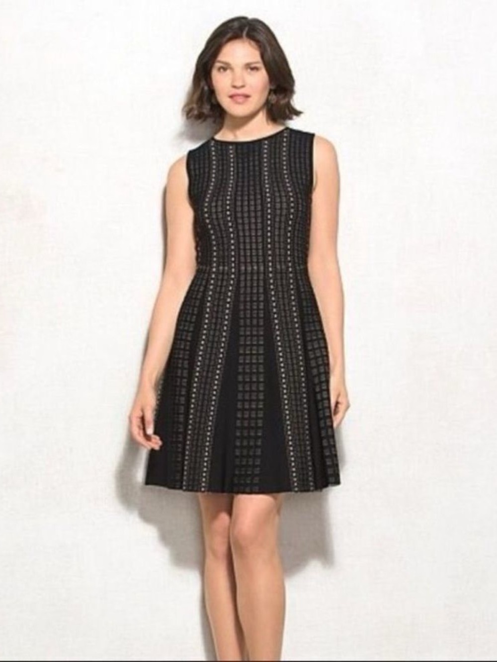 Geometric Knit Fit Flare Skater Dress Black Cream Mod Sleeveless Textured A Line